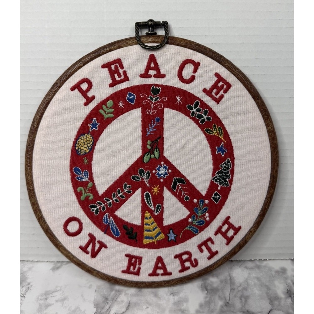 Embroidered Peace On Earth Embroidery Hoop Wall Decor, 7" Wide Boho Hippie